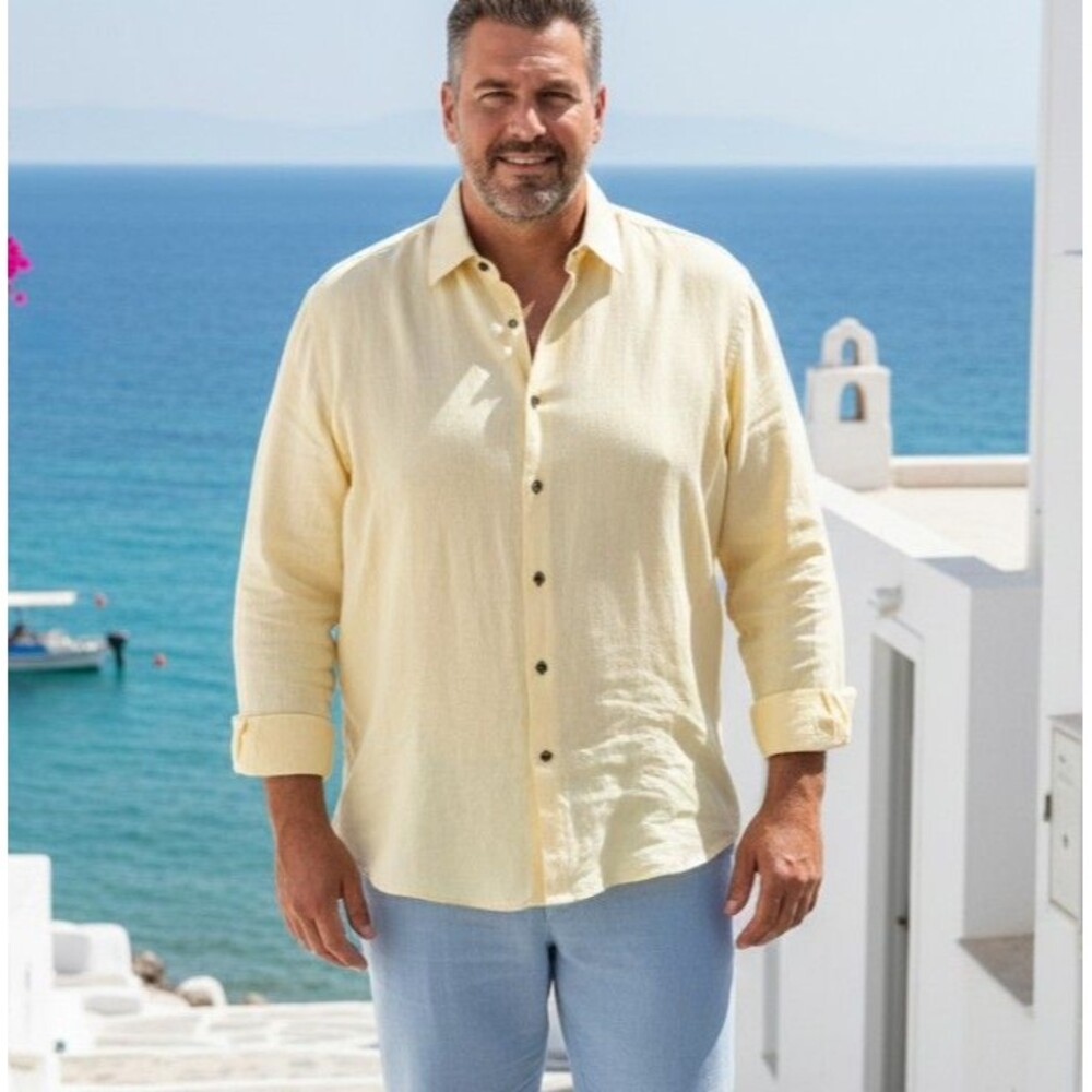 Leonardo Valenti Size 4XL Linen Shirt Made In Italy Long Sleeve Yellow Coastal